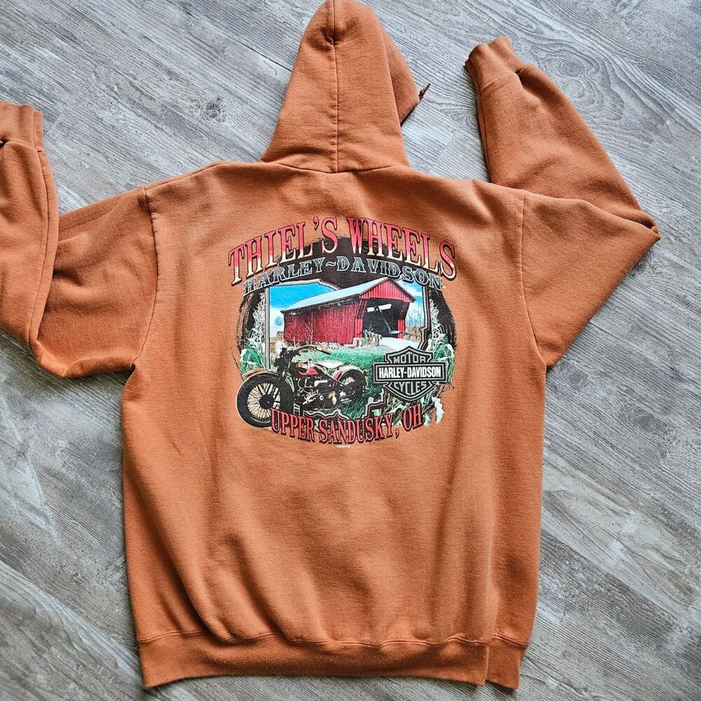 Harley-Davidson Orange Hoodie Sweatshirt Graphic Full Zip Size‎ L Sandusky Ohio